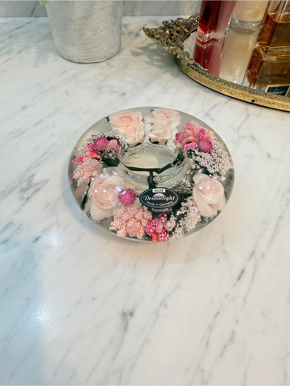 Gilde Dreamlight Glass Candle Holder with Flowers "Little Rose' Made in Germany - Picture 13 of 15